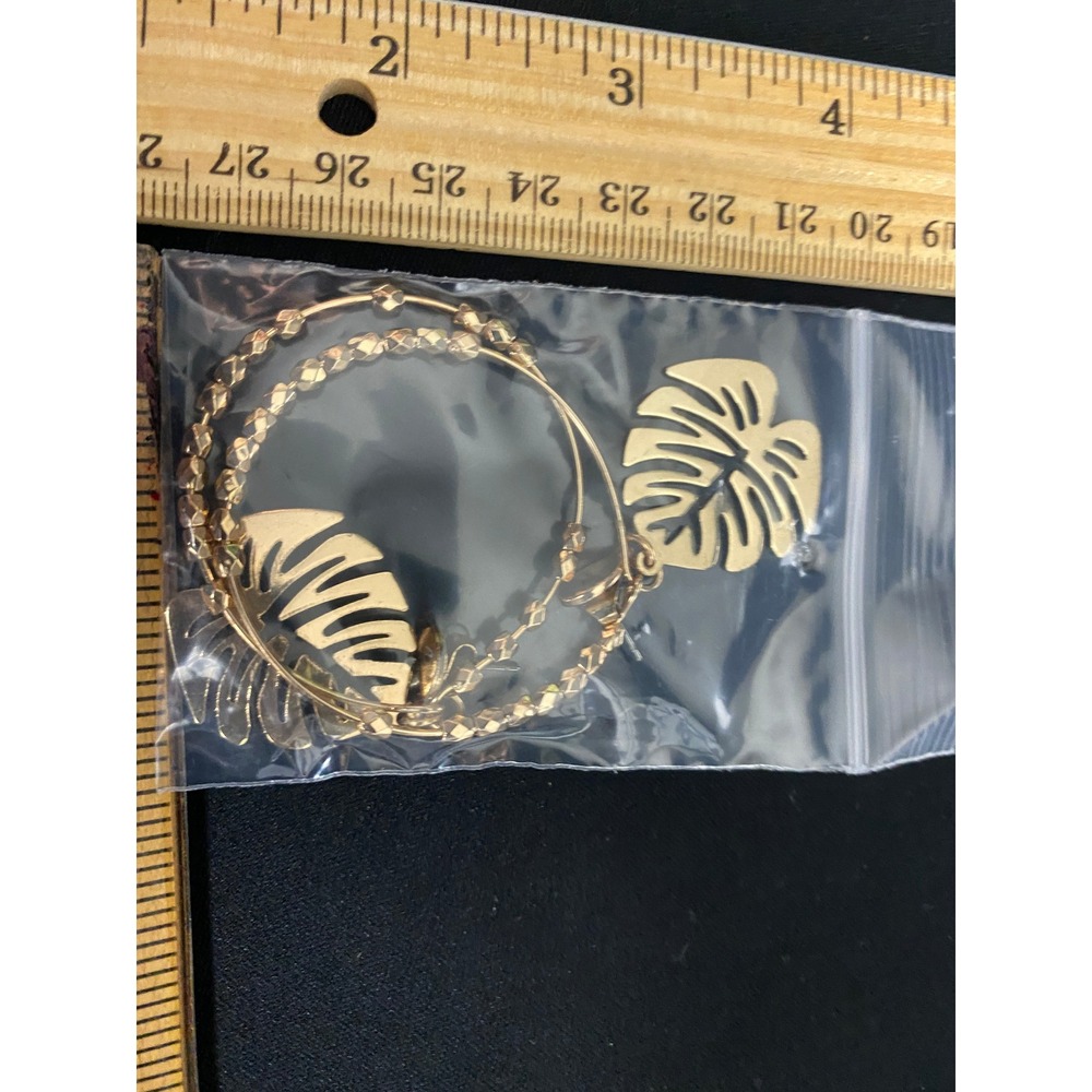 Gold tone Hoop Earrings with Tropical Monstera Leaf Dangle Charm Set